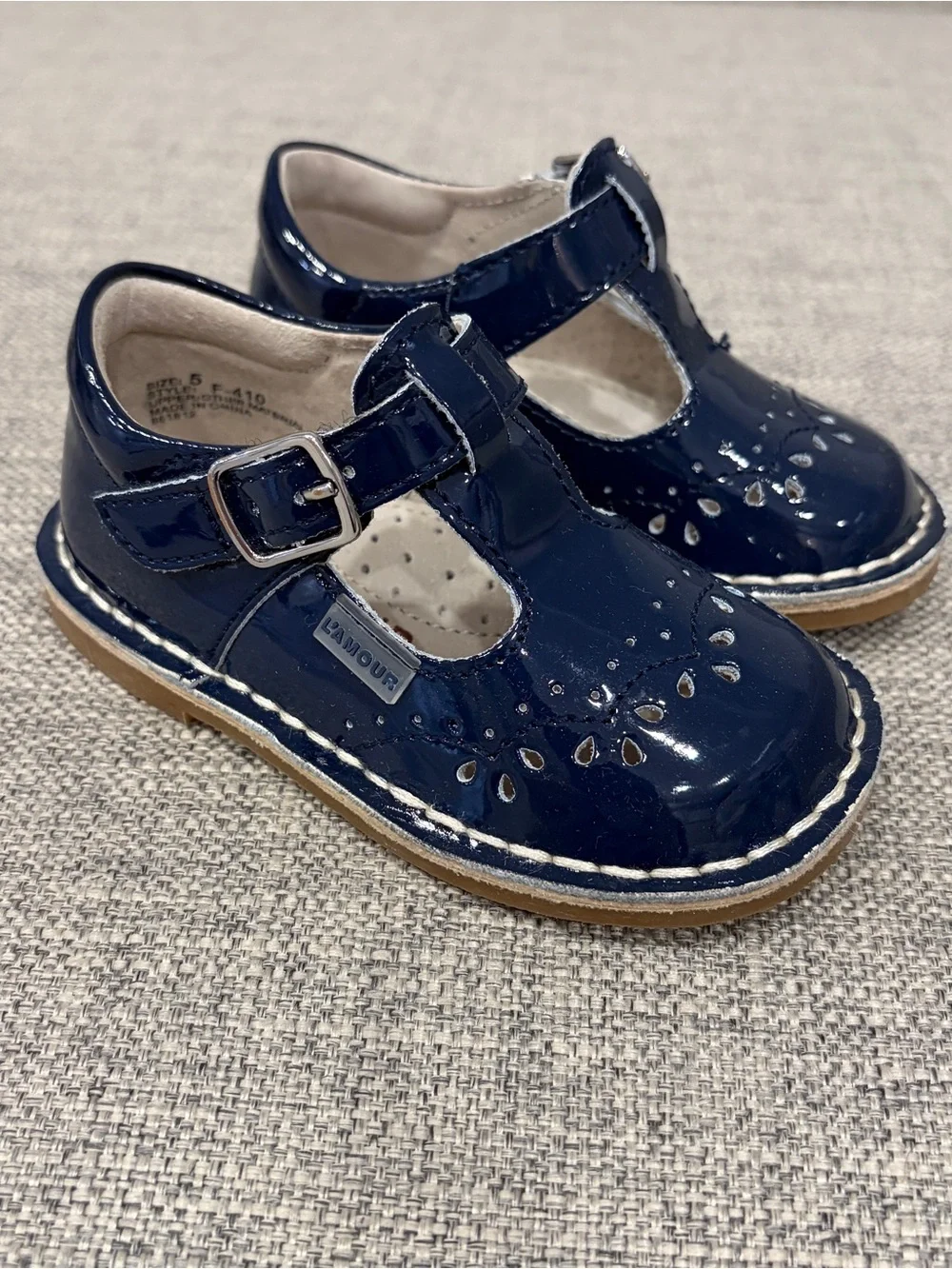 L'Amour Navy Patent T-Strap Mary Jane Shoes for Kids